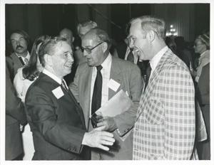 Carl Albert with an unidentified people at his birthday, 1976, 1976-05-10