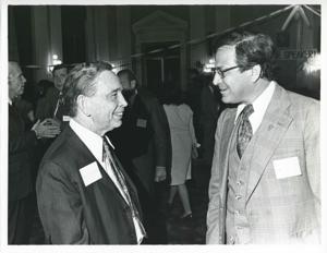 Carl Albert with an unidentified people at his birthday, 1976, 1976-05-10