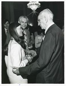 John W. McCormack talking to a woman at Carl Albert&#39;s birthday party, 1976, 1976-05-10