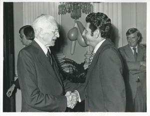 John W. McCormack shaking hands with Congressman Leo Zefferetti at Carl Albert&#39;s birthday party, 1976, 1976-05-10