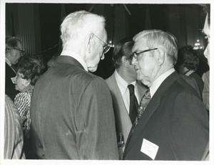 John W. McCormack and Tom Steed shaking hands with one another, 1976, 1976-05-10