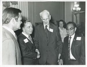 Gillis Long, Carl Albert, John W. McCormack, and Tony Won Pat standing together at Albert&#39;s birthday, 1976, 1976-05-10