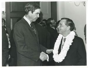 Carl Albert shaking hands with George Mahon at Albert&#39;s birthday party. May 10, 1974, 1974-05-10