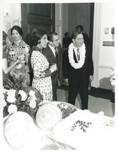 Carl Albert standing with Jane England Lawton, Jan Lipsen and others at his birthday party. May 10, 1974, 1974-05-10