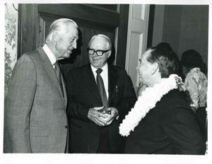 Carl Albert, Les Arends, and another man speaking at Albert&#39;s birthday party. May 10, 1974, 1974-05-10