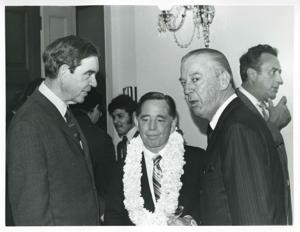 Carl Albert speaking with George Mahon and another man at his birthday party. May 10, 1974, 1974-05-10