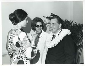 Carl Albert speaking with Jane England Lawton and another woman at his birthday party. May 10, 1974, 1974-05-10