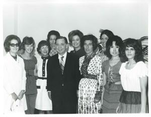 Carl Albert posing with Mary Albert, Helen Newman Tuttle, Jane England Lawton, Sue Thomson, Tamara Kitchens and others at his birthday party. May 10, 1974, 1974-05-10