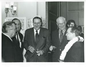 Carl Albert, Mike Mansfield, and others talking at Albert&#39;s birthday party. May 10, 1974, 1974-05-10