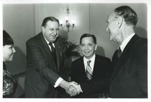 Carl Albert standing with Mike Mansfield and another man at his birthday party. May 10, 1974, 1974-05-10