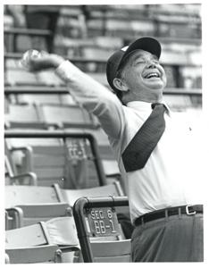 Carl Albert throwing in the ball before the baseball game., 1950-01-01 - 1976-12-31