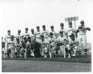 Carl Albert posing with congressional baseball team. Bob Michel is among them., 1950-01-01 - 1976-12-31