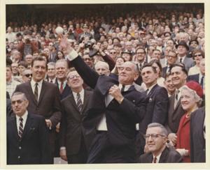 John Pastore, Edmund Muskie, Lawrence F. O&#39;Brien, Gerald R. Ford, John W. McCormack, Margaret Chase Smith, and Carl Albert. One of the men is throwing the ball out., 1950-01-01 - 1976-12-31