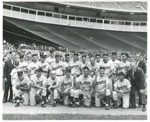 Charles Mathias, Gerald R. Ford, George Bush, Conte Silvio, Bob Michel, and others at a baseball game., 1950-01-01 - 1976-12-31