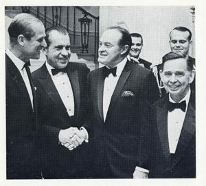 Prince Phillip of Great Britain, Richard Nixon, Bob Hope, and Carl Albert. November 24, 1969, 1969-11-24