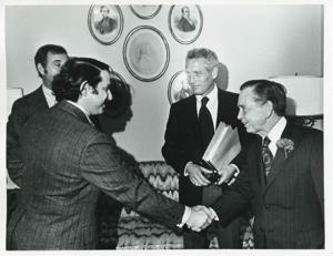 Carl Albert speaking with Paul Newman and two unidentified men., 1950-01-01 - 1976-12-31
