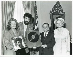 Carl Albert standing with Mr. and Mrs. Sonny James on April 19, 1976, 1976-04-19