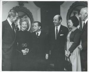 Carl Albert posing with several unidentified people at the National Prayer Breakfast. February 2, 1971, 1971-02-02