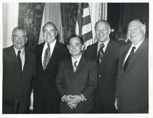 Carl Albert, Gerald R. Ford, and three unidentified men posing for a picture. (Ford not pictured in 2809)., 1950-01-01 - 1976-12-31