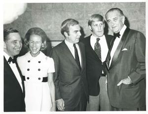 Carl Albert, Lyndon B. Johnson, Mr. and Mrs. Howard Edmondson, and another man at an unidentified function., 1950-01-01 - 1976-12-31