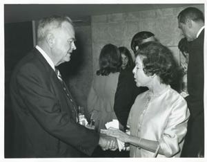 Mary Albert shaking hands with Lyle Boren at an unknown function, 1950-01-01 - 1976-12-31
