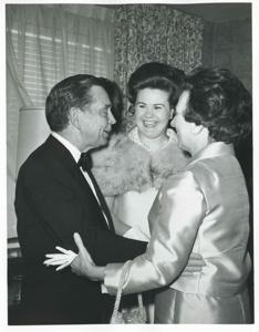 Carl Albert speaking with two unidentified women., 1950-01-01 - 1976-12-31