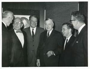 John W. McCormack, George Aiken, Hale Boggs, Michael Kirwan, Carl Albert, and Lawrence F. O&#39;Brien at an unknown function., 1950-01-01 - 1976-12-31