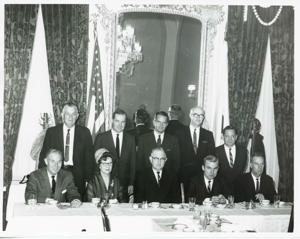 Page Belcher, Ed Edmondson, John Jarman, Victor Wickersham, and Carl Albert in back row. Seated are A. S. Mike Monroney, Tom Steed, J. Howard Edmondson, and two unidentified people., 1950-01-01 - 1976-12-31