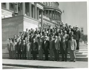 Carl Albert, Olin Teague, Strom Thurmond, Robert L. F. Sikes, and several other people seated on the Capitol steps., 1950-01-01 - 1976-12-31