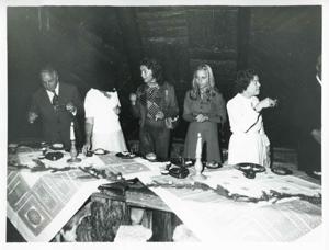 Mary Albert with several people during the House delegation trip. August 1975, 1975-08-04