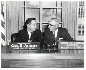 Carl Albert with Harold C. Ostertag on Congressman Ostertag&#39;s television show. February 1, 1972 (more likely between 1961 and 1965--when Albert was Majority Leader [1961 - 1971] and Ostertag was still in Congress [1951 - 1965]. Albert was Speaker in 1972 [Speaker from 1971 - 1977] Perhaps this is Feb. 4, 1962 as matching photo 0593 from Albert Box 6., 1961-01-01 - 1965-12-31