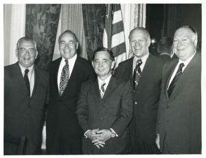 Carl Albert, Gerald R. Ford and three other men posing for a picture. John Brademas is present in #3002., 1950-01-01 - 1976-12-31