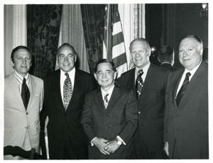 Carl Albert, Gerald R. Ford and three other men posing for a picture. John Brademas is present in #3002., 1950-01-01 - 1976-12-31
