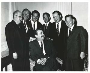 Democratic members of Oklahoma delegation with an unidentified man. Standing is Tom Steed, A. S. Mike Monroney, Jed Johnson, Jr., John Jarman, Ed Edmondson and Carl Albert., 1950-01-01 - 1976-12-31