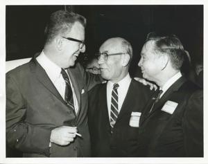 Carl Albert with Samuel N. Friedel and another man at a dinner honoring Friedel. September 28-29, 1965, 1965-09-28