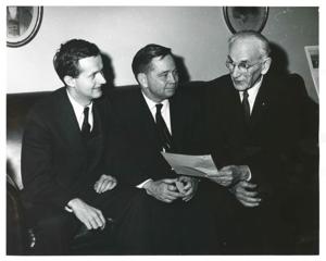 Jed Johnson, Jr., Carl Albert, and John W. McCormack seated on a couch, 1950-01-01 - 1976-12-31