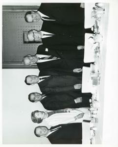 Oklahoma delegation and others at a luncheon. L to R: Carl Albert, Mrs. Glenn McDonald, Fred Harris, Glenn McDonald, A. S. Mike Monroney, Tom Steed, and Ed Edmondson., 1950-01-01 - 1976-12-31