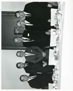 Oklahoma delegation and others at a luncheon, L to R: Carl Albert, Fred Harris, Bruce Cafky, A. S. Mike Monroney, Tom Steed, and Ed Edmondson., 1950-01-01 - 1976-12-31
