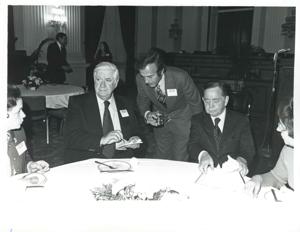 Carl Albert and Thomas P. O&#39;Neill seated at a dinner table at the reception for freshman members of the 94th Congress. December 1, 1975, 1975-12-01