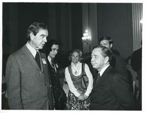 Carl Albert speaking with George Mahon and others at a reception for freshman members of the 94th Congress. December 1, 1975, 1975-12-01