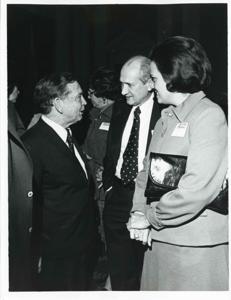 Carl Albert speaking with two unidentified people at a reception for freshman members of the 94th Congress. December 1, 1975, 1975-12-01
