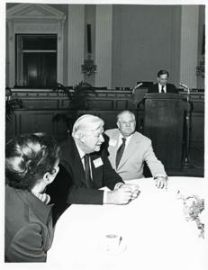 Carl Albert, Thomas P. O&#39;Neill, and Olin Teague at a reception for freshman members of the 94th Congress. December 1, 1975, 1975-12-01