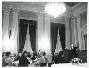 Carl Albert and others at a reception for freshman members of the 94th Congress. December 1, 1975, 1975-12-01