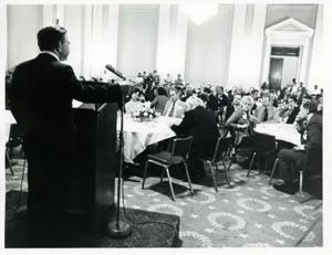 Carl Albert and others at a reception for freshman members of the 94th Congress. December 1, 1975, 1975-12-01