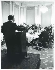 Carl Albert and others at a reception for freshman members of the 94th Congress. December 1, 1975, 1975-12-01