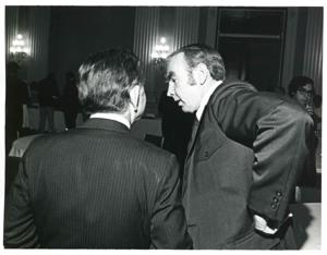 Carl Albert speaking with James C. Wright at a reception honoring freshman members of the 94th Congress. December 1, 1975, 1975-12-01