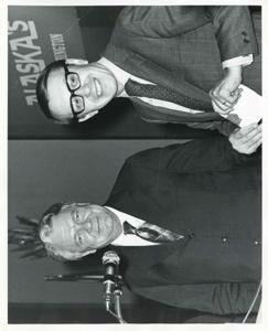 Hale Boggs shaking hands with Nick Begich. October 15, 1972, 1972-10-15