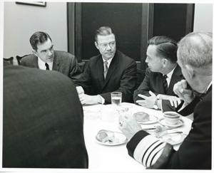 George Mahon, Robert S. McNamara, Carl Albert, and others at a luncheon in the Joe Martin Room. March 30 1967 Hale Boggs is also pictured in 3157, 1967-10-30