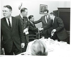 George Mahon, Robert S. McNamara, Carl Albert, and others at a luncheon in the Joe Martin Room. March 30 1967 Hale Boggs is also pictured in 3157, 1967-10-30
