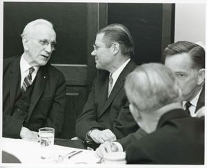 John W. McCormack, Robert S. McNamara, Carl Albert, and others at a luncheon in the Joe Martin Room. March 30, 1967, 1967-10-30